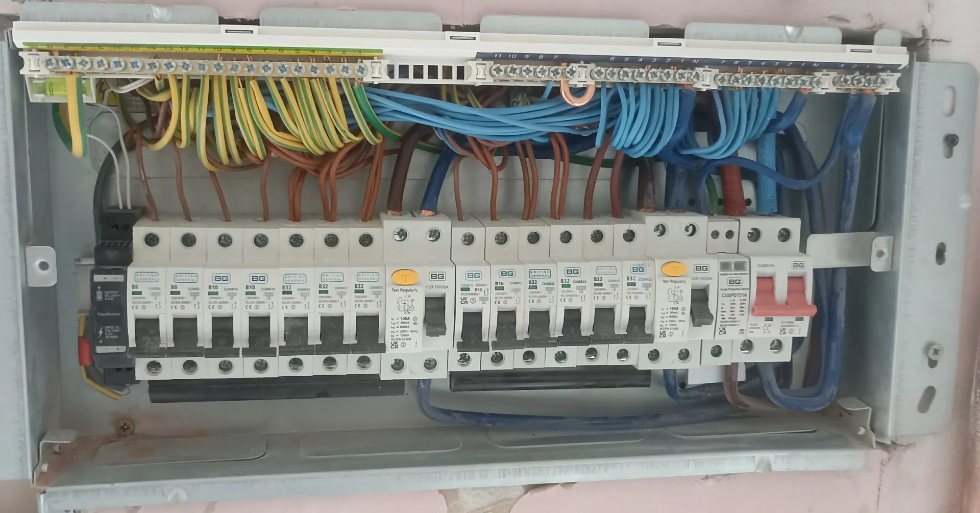 Consumer unit circuit wiring during installation, before the protective cover is fitted.